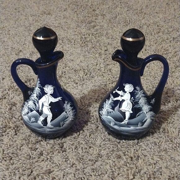 Vintage Set of Two Cobalt Blue Small Mary Gregory Cruets, Ewer Hand Painted Pair - Picture 1 of 15